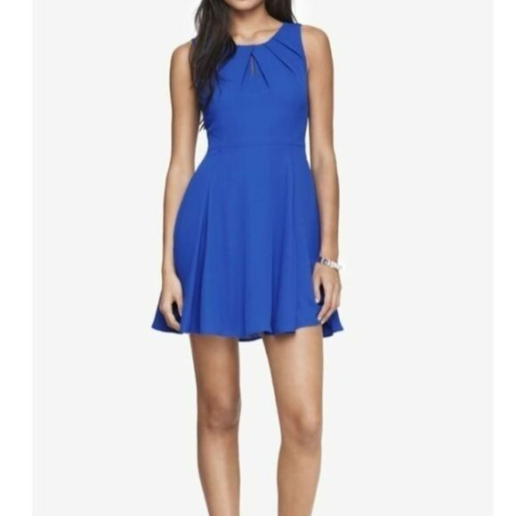 EXPRESS BLUE DRESS PLEATS NECK KEYHOLE FIT AND FLARE SIZE 2 - Picture 1 of 7